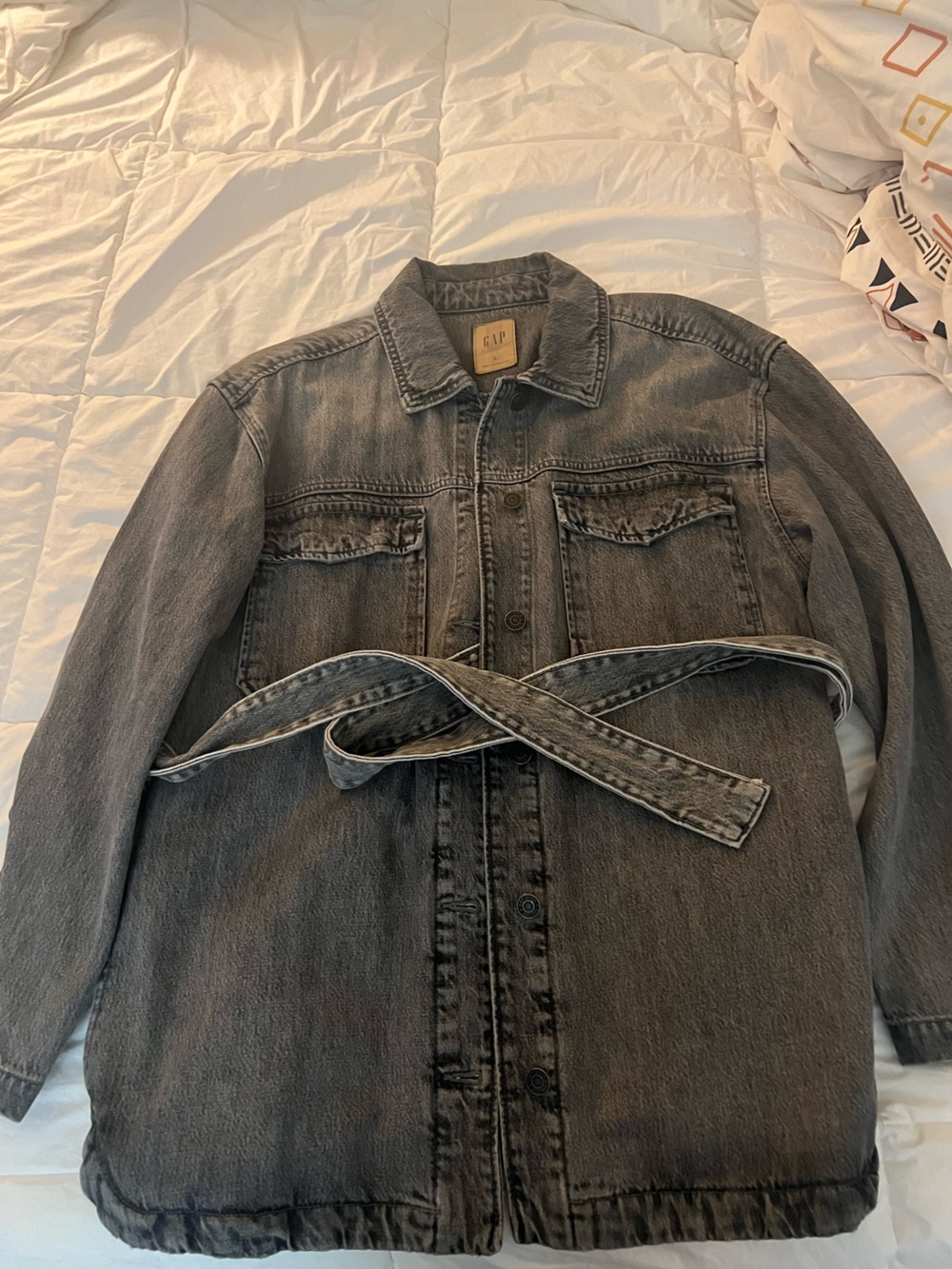 GAP Washed Black Denim Jacket with Waist Tie